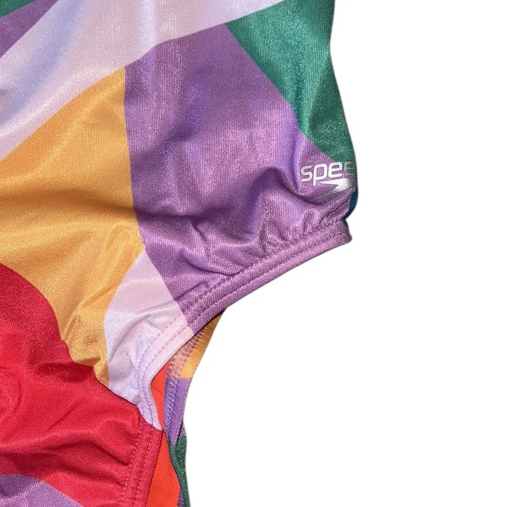 NWT Speedo Eco Endurance Cheeky T-Strap One Piece Swimsuit in Geo Colorblock - S